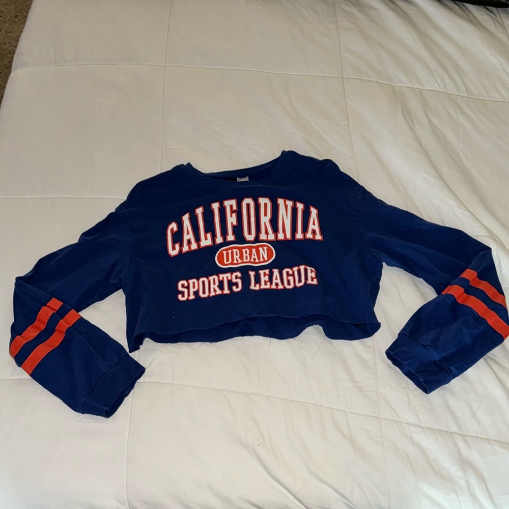 Divided Long Sleeve Blue Jersey Crop Top with Orange Details Size XS